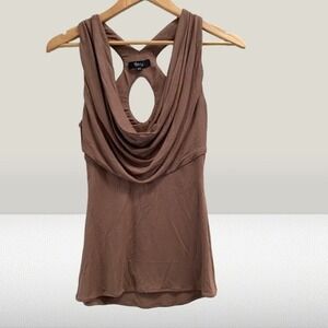NEW Sky Women's Cowl Neck Brown Metallic Bronze Leather Racerback Top XS
